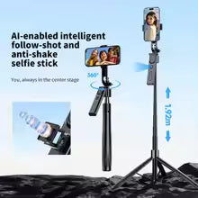 Trépied FANGTUOSI 192 cm pour smartphone 360° ° Perche à selfie avec rotation automatique, support de téléphone, suivi du visage par IA, avec télécommande